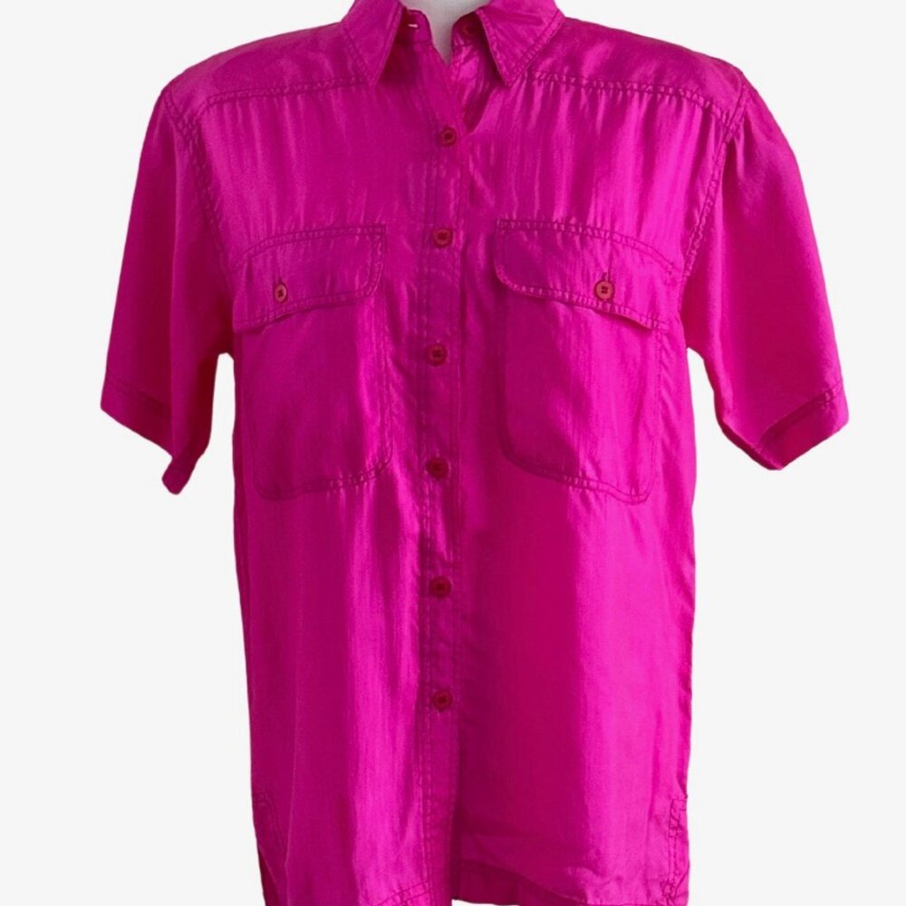Silk Time Vintage Short Sleeve Button Front Hot Pink Shirt I S